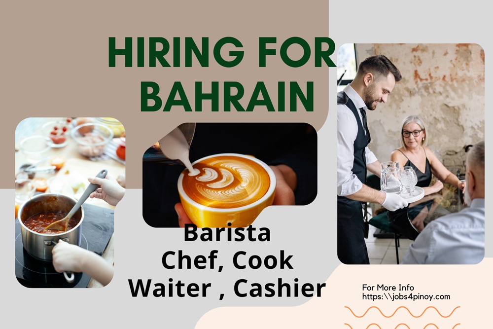 Job Openings in Bahrain for Barista, Chef, Cook & Waiter.